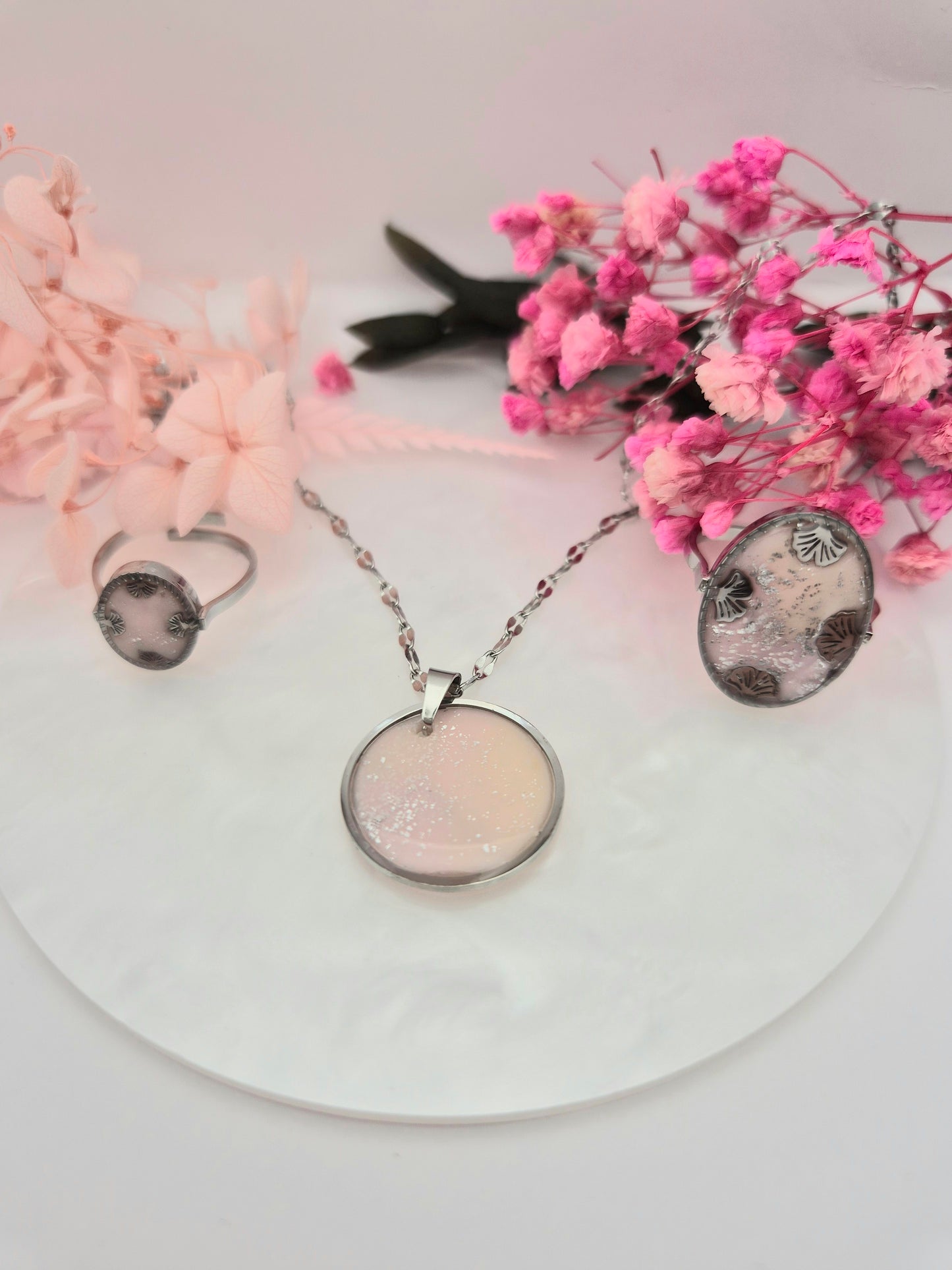 Pendentif Argenté Rose Pâle