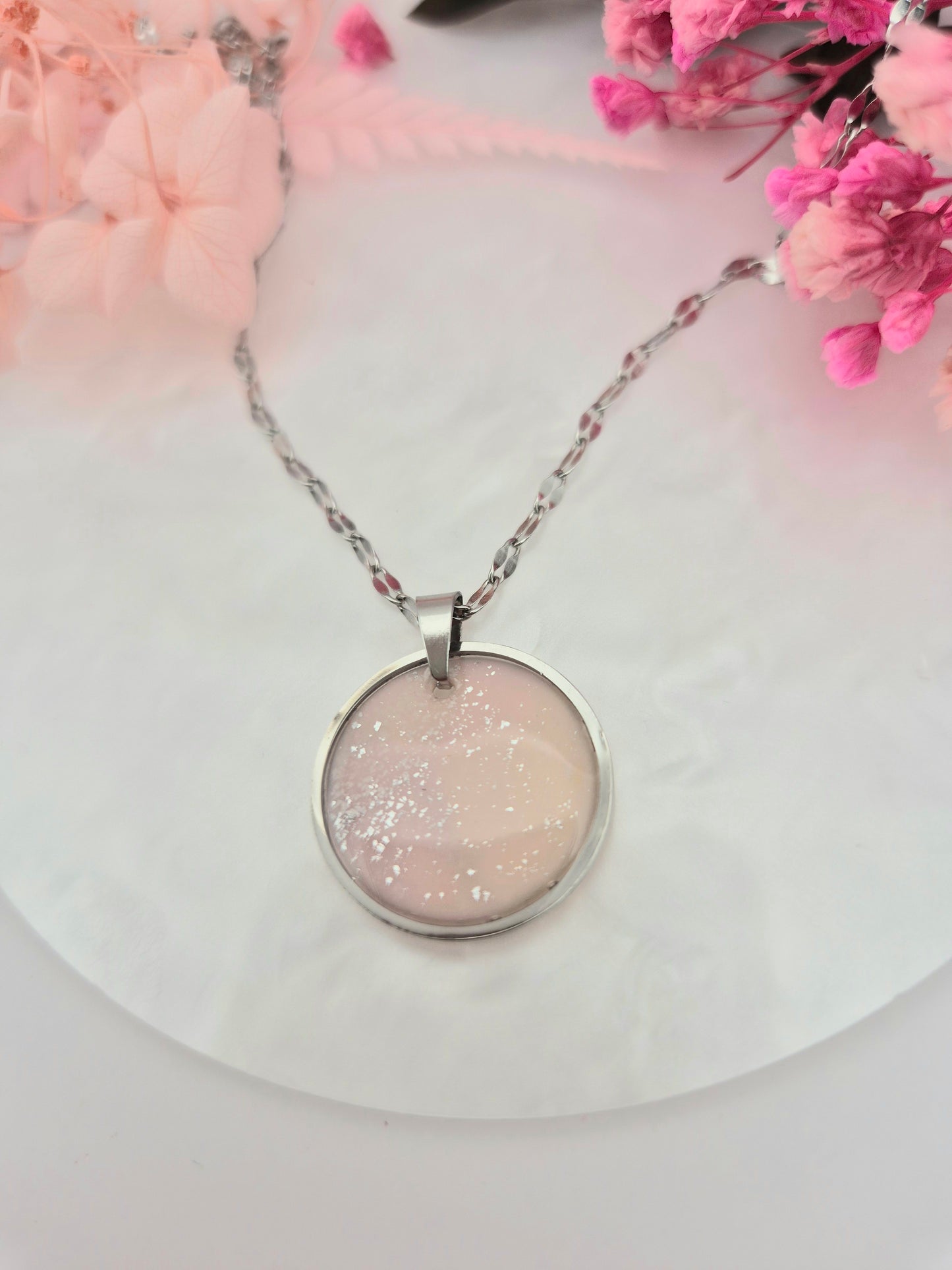 Pendentif Argenté Rose Pâle