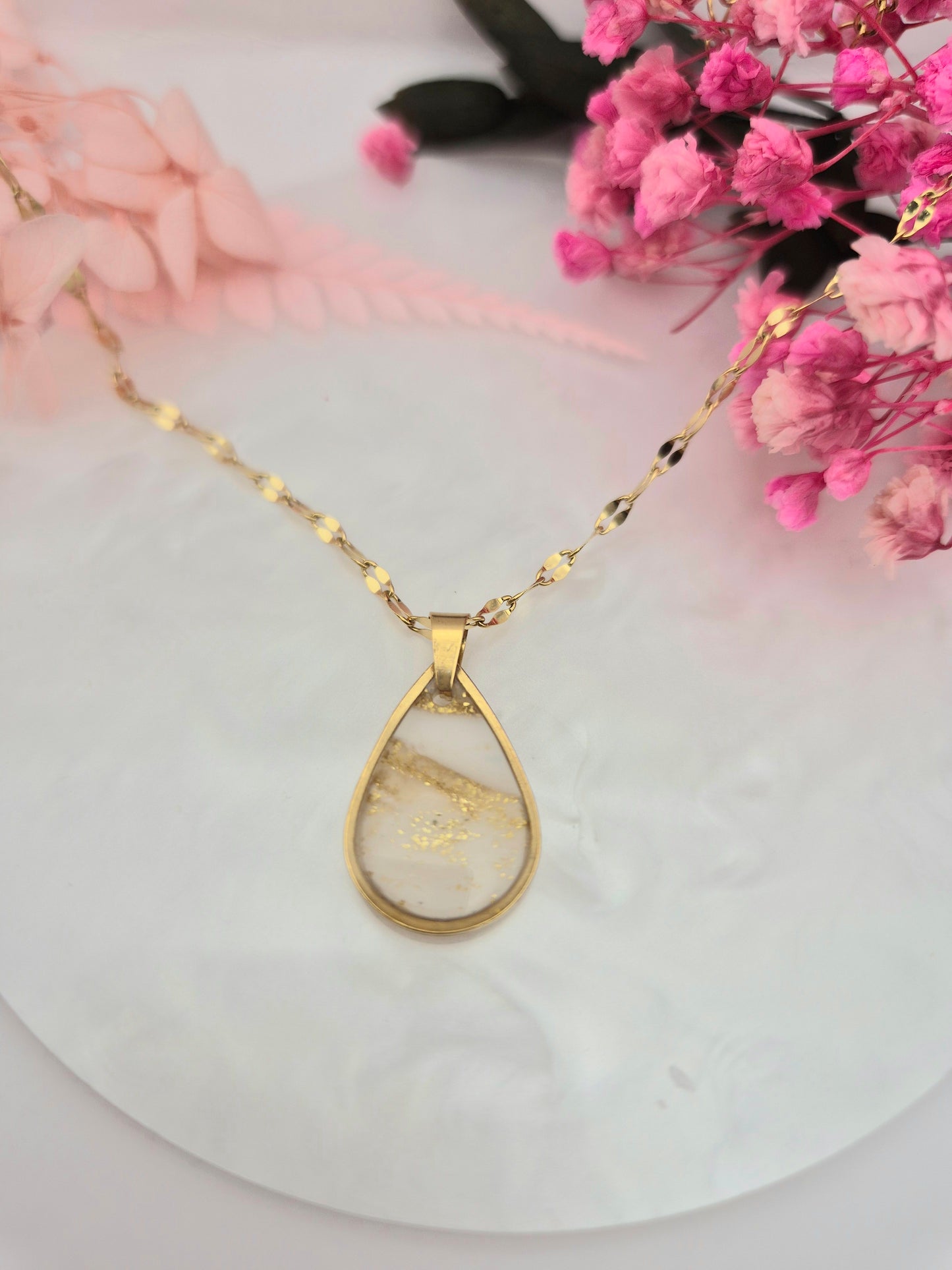 Pendentif goutte Blanc et Doré